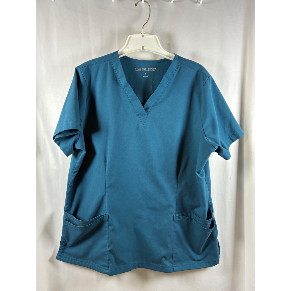 UA Flex 2 Womens V-Neck Scrub Top Caribbean Blue Size L‎ Short Sleeve Pocket
